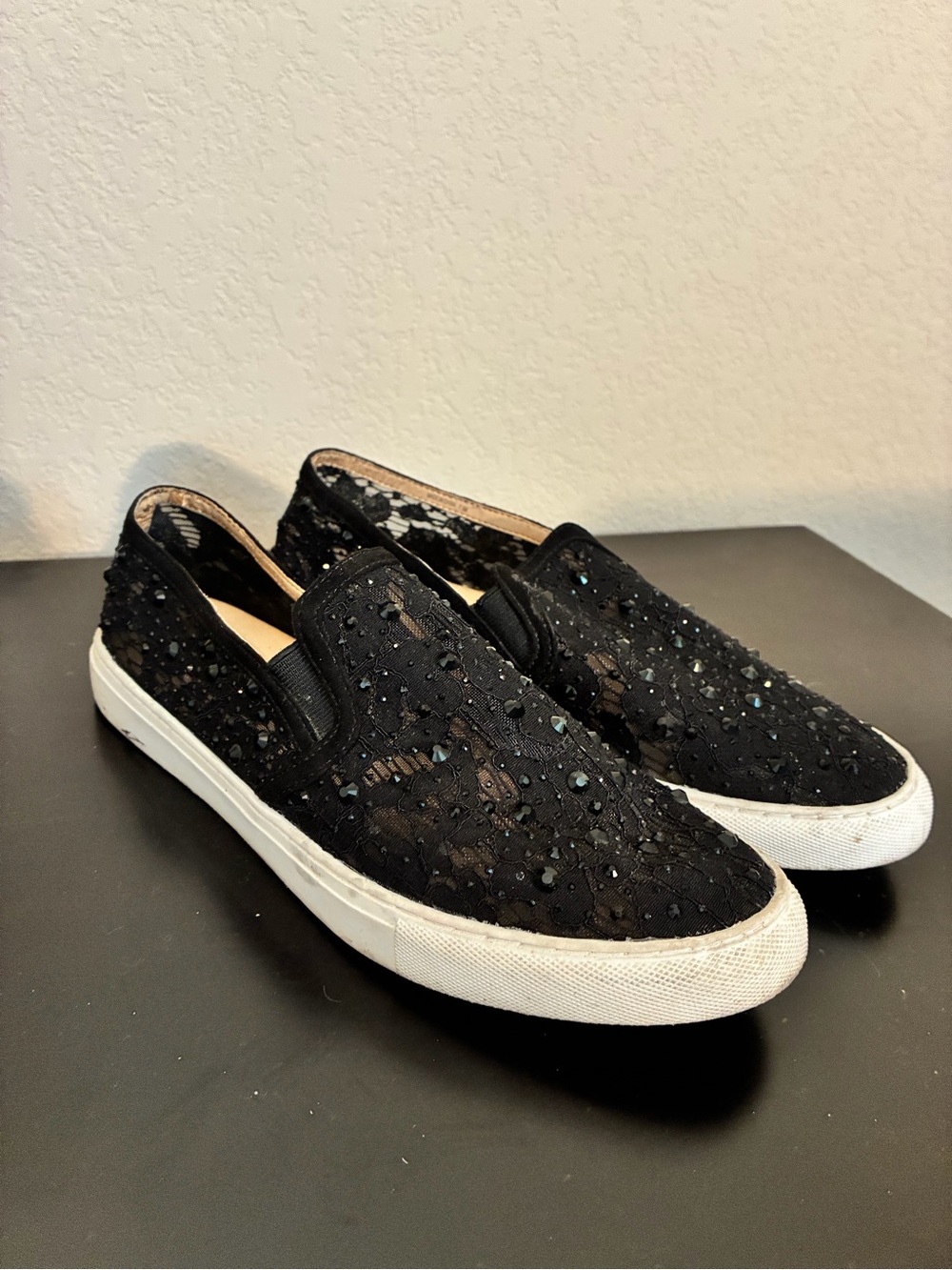 Alex Marie Black Lace Sequin Slip-On Sneakers with White Sole